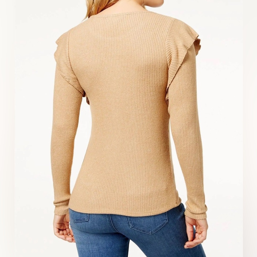 Lucky Brand Brown Ribbed Knit Ruffle Top | Size XS - Picture 3 of 10